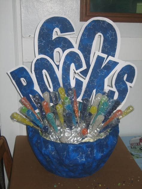 This was for a Brother-in-laws 60th Birthday Party. 60 sticks of Rock Candy 65th Male Birthday Party Ideas, 60 Rocks Birthday Ideas, 60 Birthday Party Ideas For Men Dads, 60th Bday Party Ideas Mom, Diy 60th Birthday Decorations, 60 Birthday Party Ideas, 60th Birthday Ideas, Diy 60th Birthday, 60th Birthday Ideas For Dad