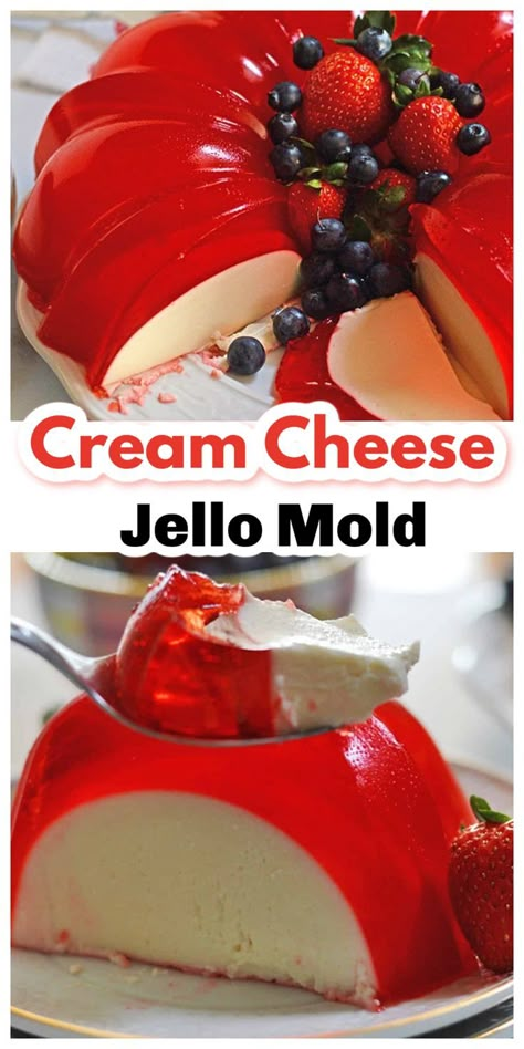 Strawberry Jello Mold, Cream Cheese Jello, Layered Jello Recipe, Jello Pudding Desserts, Jello Deserts, Jelly Salad, Jello Mold Recipes, Recipe With Cream Cheese, Jello Dessert Recipes