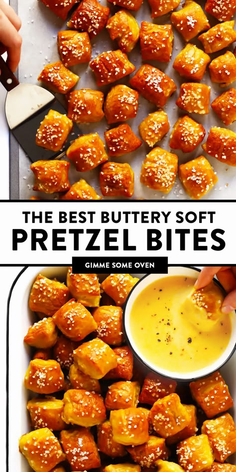 The BEST hot and buttery homemade soft pretzel bites recipe! Easy to make in just 1 hour, and customizable with any of your favorite toppings. | gimmesomeoven.com #pretzels #snack #gameday #appetizer #bread #vegetarian #vegan #homemade Soft Pretzel Bites Recipe, Homemade Soft Pretzel Bites, Pretzel Bites Recipe, Soft Pretzel Bites, Makanan Rendah Kalori, Pretzel Bites Recipes, Homemade Pretzels, Homemade Soft Pretzels, Soft Pretzel