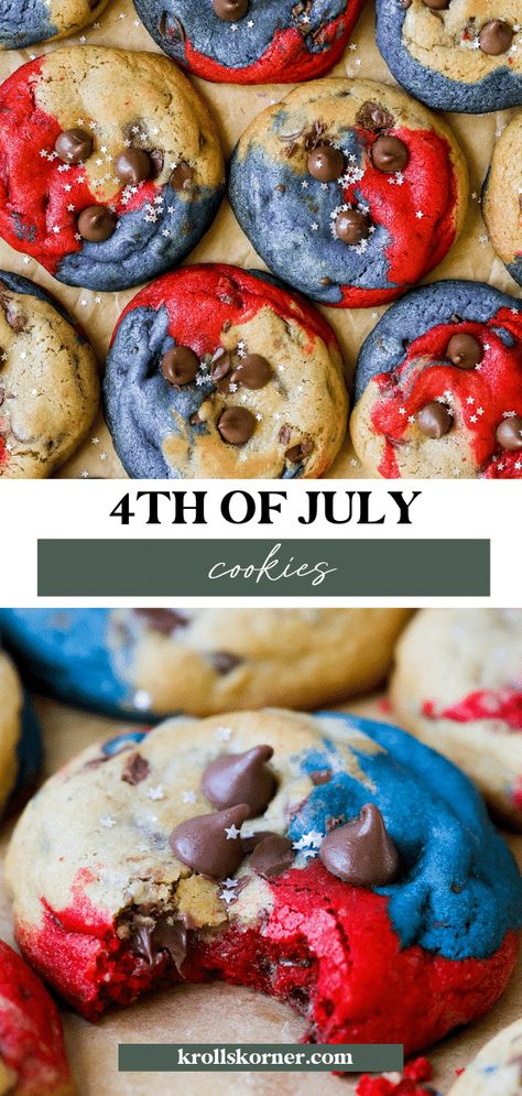 4th of July Cookies • Kroll's Korner Blue Chocolate Chip Cookies, Chocolate Chip Cookies Soft, 4th Of July Cookies, Patriotic Cookies, Cookies Soft, Giant Cookie, 4th Of July Desserts, Big Cookie, Blue Chocolate