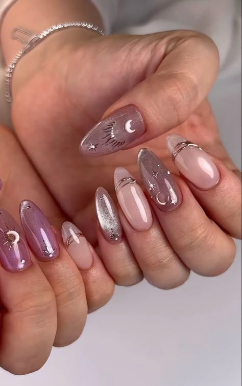 Kirsten Titus Nails, Nail Design Moon, Nail Art Inspiration Classy, Moon Nails Design, Glass Nails Designs, Nail Art Moon, Nails Moon, Nails Graduation, Pink Chrome Nails