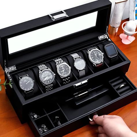 The Perfect Organizer For Watches, Necklaces, Rings & More! Black Home Aesthetic, Leather Watch Box, Watch Organizer, Watch Storage Box, Watch Holder, Watch Jewelry, Mens Casual Dress Outfits, Watch Storage, Wrist Game