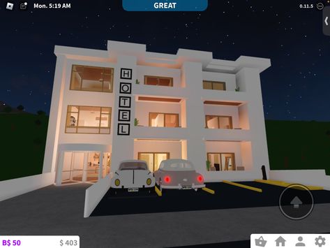 Cute Bloxburg Hotel Ideas, Bloxburg Hotel Restaurant, Hotel Roblox Bloxburg, Club Roblox Hotel Ideas, Bloxburg Small Hotel Ideas, Bloxburg Hotel Ideas Exterior Layout, Hotels In Bloxburg, Blocksburg Hotel Ideas, Roblox Bloxburg Hotel Ideas Layout