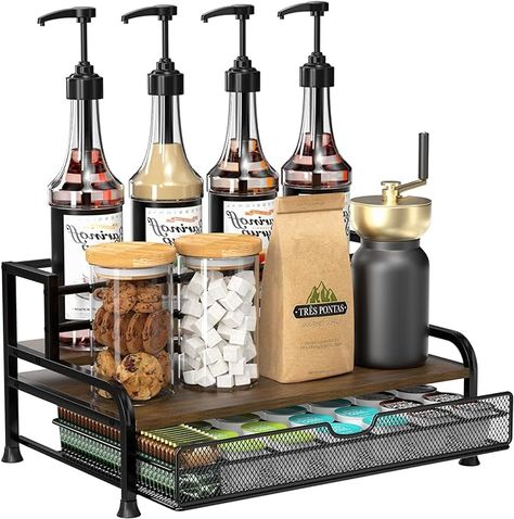 Amazon.com: PONEYA Coffee Syrup Rack Organizer, 3-Tier 8 Bottles Coffee Syrup Rack with 35 K Cup Storage Basket for Coffee Bar, Syrup Bottle Holder Stand for Syrup, Wine, Dressing for Kitchen Coffee Station : Home & Kitchen Cute Countertop Decor, Cocktail Coffee Bar, Small Coffee Bar On Countertop, Coffee Drawer Organizer, Conference Room Coffee Station, Coffee And Tea Drawer Organization, Coffee Station Accessories, Victorian Coffee Bar, Cowboy Coffee Shop