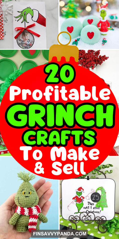 Grab these easy DIY Grinch crafts to make and sell for a profit! From Dollar Tree ornaments to unique wooden decor, these popular Grinch-inspired crafts are perfect for kids and adults alike. Create fun wreaths, wine glasses, paper plate projects, and more. Great for gifts and side hustle ideas, these crafts are sure to make you money this Christmas season! Grinch Pinecone Craft, Grinch Inspired Ornaments, Grinch Fabric Ornaments, Grinch Homemade Ornaments, Diy Grinch Party Favors, Clay Pot Grinch, Grinch Diy Gifts, Diy Dollar Tree Ornaments Craft Ideas, Grinch Candy Holder