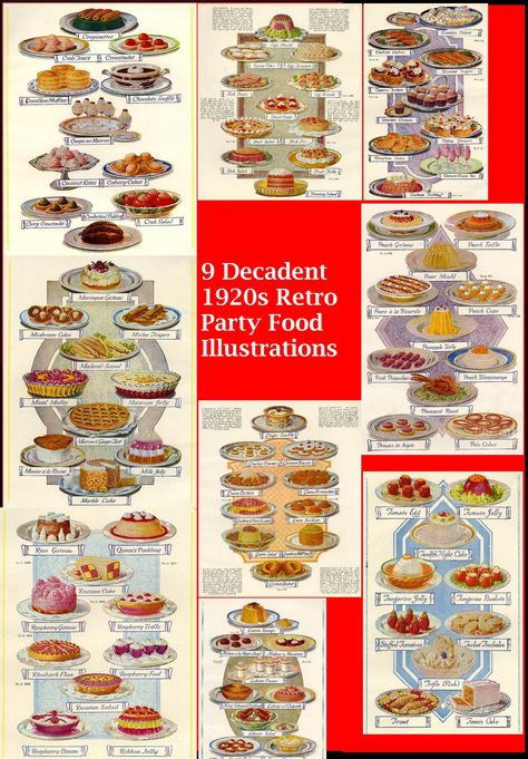 Awesome 1920s Retro Party Food Illustration. #1920s #PartyFood 1920s Food Roaring Twenties, Food From The 1920s, Prohibition Party Food, Roaring 20s Dinner Party, 1920s Dinner Party Food, 1920 Food Ideas Roaring 20s, Speakeasy Party Food, 1920 Food, Roaring 20s Party Food