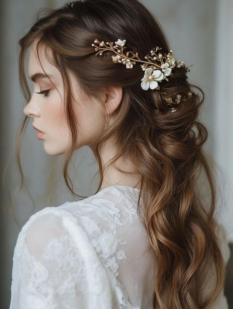 Trendy and Elegant Half Up and Down Hairstyles for Every Occasion Half Up Wedding Hair Flowers, Wedding Hairstyles Half Up Half Down With Flowers, Half Up And Down Hairstyles, Up And Down Hairstyles, Bridal Half Up Half Down, Up Wedding Hair, Hair With Flowers, Half Up Wedding, Half Up Wedding Hair