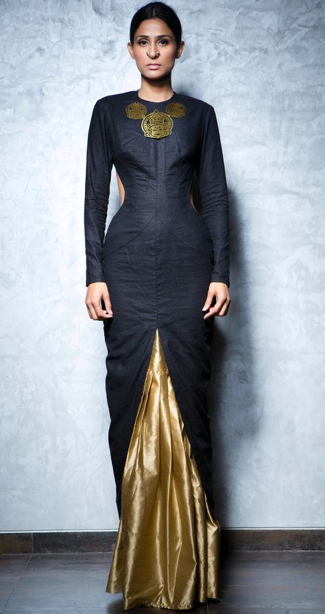 Black kurta with gold skirt available only at Pernia's Pop-Up Shop. Nikhil Thampi, India Fashion Week, Style Hijab, Ethnic Outfits, Indian Couture, Lakme Fashion Week, Indian Designer Outfits, Indian Attire, Indo Western