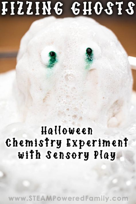 Fizzing Ghosts Moon Dough is a simple, fun activity for kids at Halloween that includes incredible sensory play followed by a bubbly chemical reaction that is like having a ghost in a cauldron! Fantastic for lessons or a Halloween party. This activity uses easy to source supplies but provides endless fun and Halloween excitement for kids. Includes detailed chemistry lesson. Visit STEAM Powered Family to learn more. Ghost Stem Activities, Halloween Experiments For Kids, Halloween Experiments, Kids Halloween Activity, Moon Dough, Help Kids Focus, Halloween Party Activities, Library Programming, Fun Activity For Kids