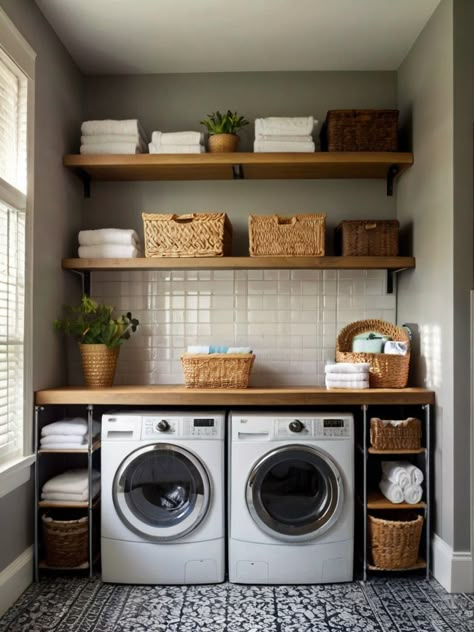 Get inspired by our creative laundry room shelving ideas that are sure to wow. Discover unique and inventive ways to enhance the functionality and style of your laundry space. Shelves For Utility Room, Small Kitchen Laundry Ideas, Laundry With Shelves, Small House Laundry Room Ideas, Laundry Room Ideas Open Shelving, Shelves In Utility Room, Above Washing Machine Storage, Diy Laundry Room Ideas Stackable, Laundry Styling Ideas