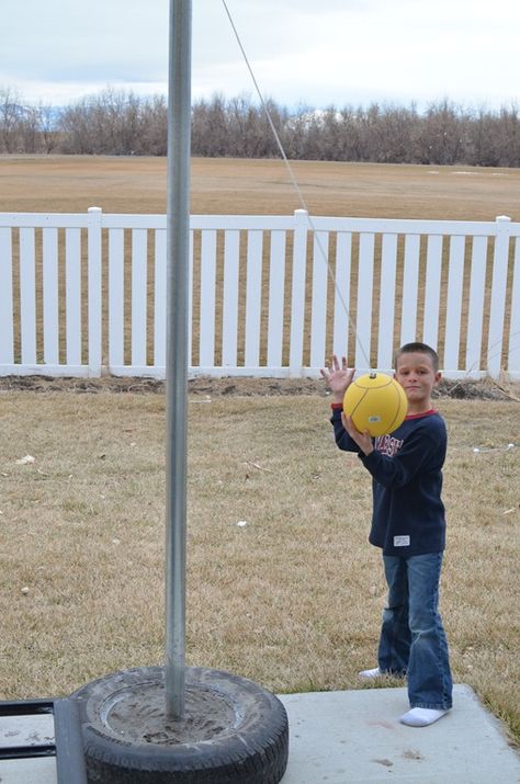 Had one!  A DIY Tether Ball stand. Just a pole in a tire filled with concrete. Two players would roll it to the middle of the driveway for enough space. One would whack it clockwise, the other player would whack it counterclockwise. Whoever got the rope "tight!" won. Diy Tetherball, Tether Ball, Diy Kids Playground, Tetherball, Diy Yard Games, Trendy Diy, Garden Grove, Outdoor Activities For Kids, Backyard Playground