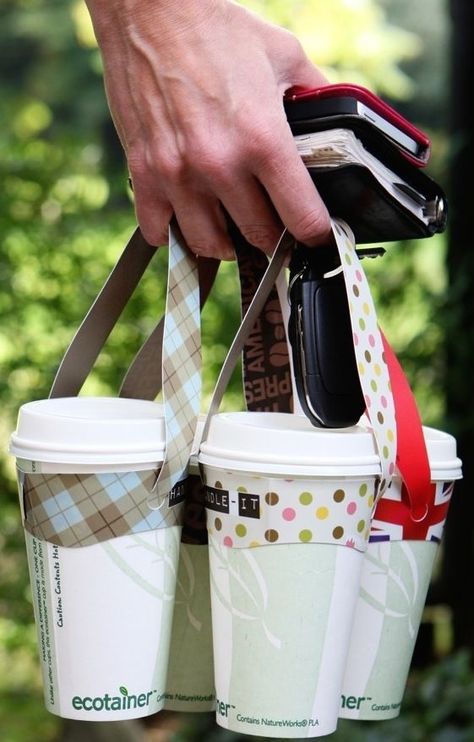 Crochet Coffee Carrier, Drink Carrier Diy, Drink Carrier, Coffee Cup Sleeves, Coffee Cup Design, Coffee Sleeve, Coffee Shop Design, Small Sewing Projects, Food Packaging Design