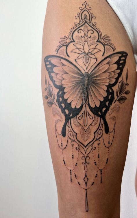 Leg Tattoos Women Lower Calf Butterfly, Butterfly Tattoo Thigh, Tattoos In Other Languages, Butterfly Mandala Tattoo, Tattoo Bein Frau, Butterfly Leg Tattoos, Back Of Thigh Tattoo, Butterfly Thigh Tattoo, Mandala Tattoos For Women