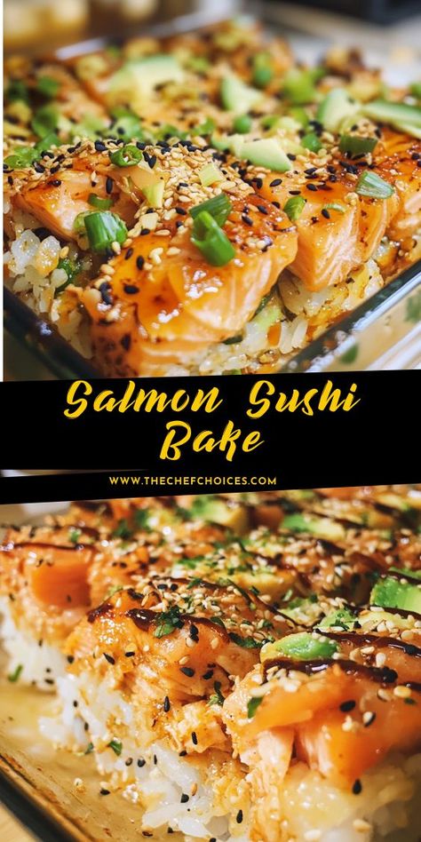 Indulge in the flavors of sushi with this easy Salmon Sushi Bake! Layers of seasoned rice, creamy salmon filling, and a touch of nori create the perfect dish for parties or family dinners. Scoop, serve, and enjoy! Salmon Baked Sushi, Sushi Bake Salmon, Sushi Salmon Bake, Salmon Sushi Bake Recipe, Baked Salmon Sushi, Salmon Sushi Bake, Sushi Bake Recipe, Delicious Lunch Recipes, Hearty Sandwiches