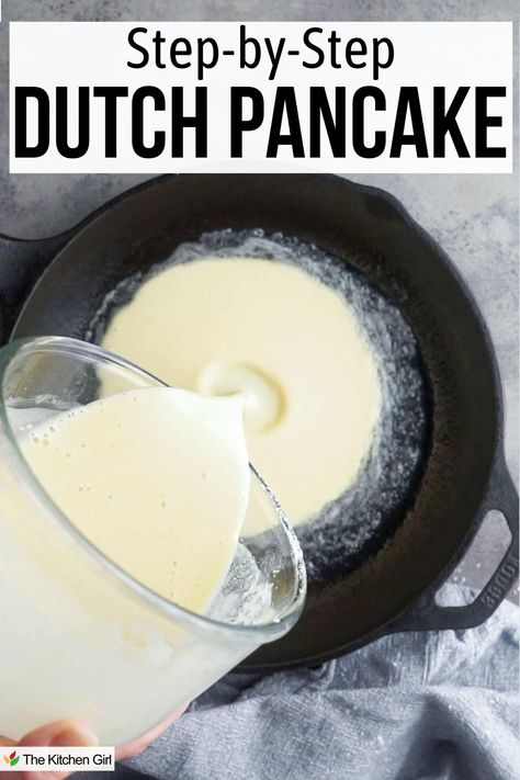 Dutch baby batter is poured into cast iron skillet. Title: Step by Step Dutch Pancake. Dutch Babies Recipe Easy, Dutch Baby Bake 12 Tomatoes, Dutch Babies Recipe, Dutch Pancake Recipe, Dutch Pancakes Recipe, Dutch Baby Pancake Recipe, Baby Recipe, Dutch Baby Recipe, Light And Fluffy Pancakes