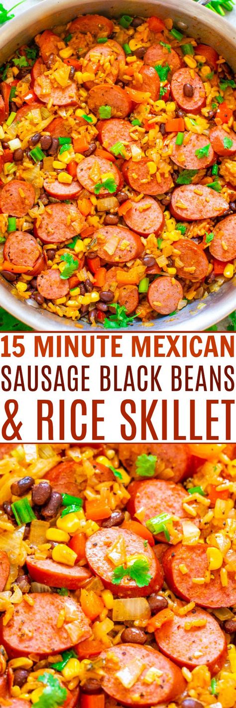 15-Minute Mexican Skillet Recipe with Sausage, Rice & Beans - Averie Cooks Mexican Rice With Sausage, Mexican Rice Beans, Mexican Rice And Beans, Mexican Sausage, Mexican Skillet, Mexican Rice Easy, Sausage Rice, Rice And Beans Recipe, Black Beans And Rice