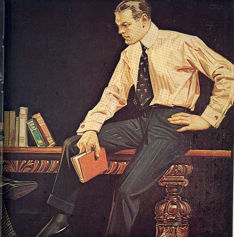 Joseph Christian Leyendecker (1874-1951) Vintage Illustration  Arrow Collars Advertisement Leyendecker Art, Joseph Christian Leyendecker, Arte Pulp, The Saturday Evening Post, Mens Fashion Illustration, American Illustration, Art Of Manliness, Saturday Evening Post, People Reading