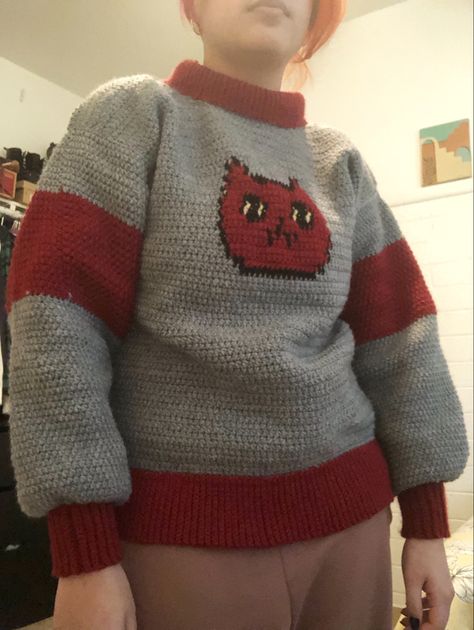 Hand crochet marceline cat sweater from adventure time Marceline Cat Sweater, Adventure Time Crochet, Caron One Pound Yarn, Marceline The Vampire Queen, Cat Sweater, Crochet Tapestry, Lion Brand, Crochet Cat, Tapestry Needle