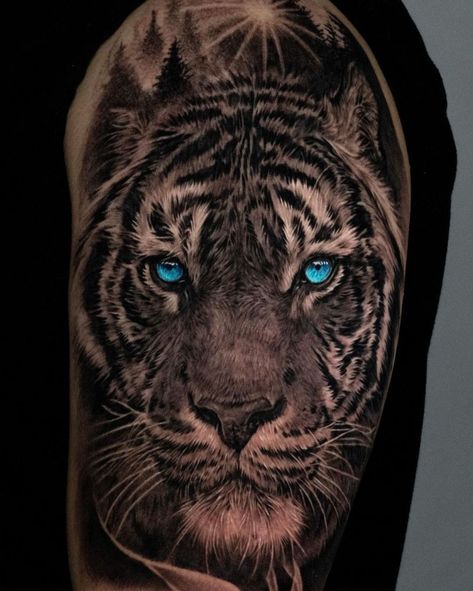 Blue Eyed Tiger Tattoo For Women, Tiger Colored Tattoo Design, Mean Tiger Tattoo, Jun Cha Tattoo, Tiger With Blue Eyes Tattoo, Armor Sleeve Tattoo, Tiger Tattoo Thigh, Tiger Tattoo Meaning, White Tiger Tattoo