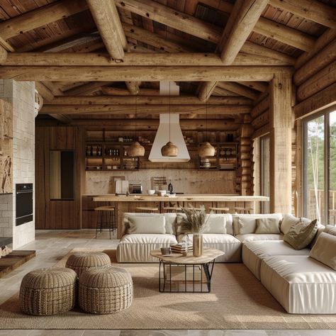 Log Interior Ideas, Norwegian Log Cabin, Ski House Living Room Decor, Log Cabin Rugs Living Rooms, Scandinavian Log Cabin Interior, Contemporary Log Cabin, Montana Cabin Interiors, White Log Cabin Interiors, Mountain Cabin Interior Design