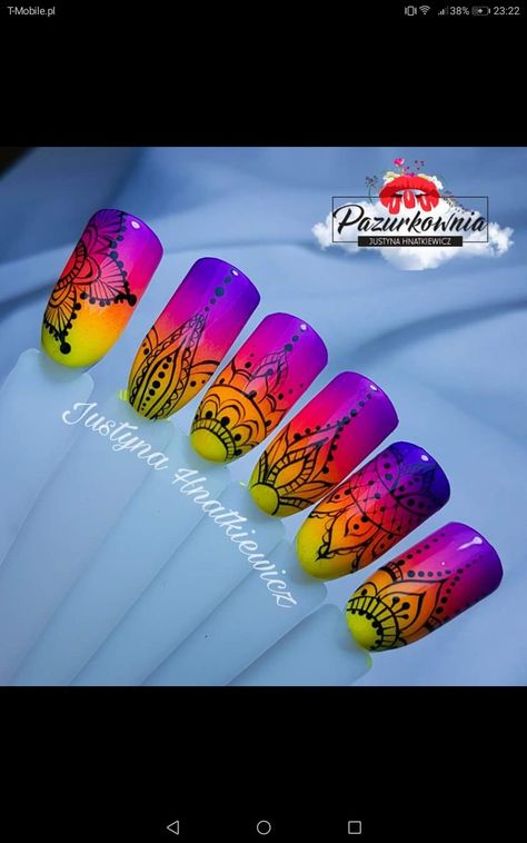 Mandala Nails Design, Mandala Nail Art Design, Mandala Nail Designs, Pigment Nails Designs, Henna Nail Design, Easter Nails Short, Mandala Nail Art, 2023 Nails Ideas, Neon Nail Art Designs