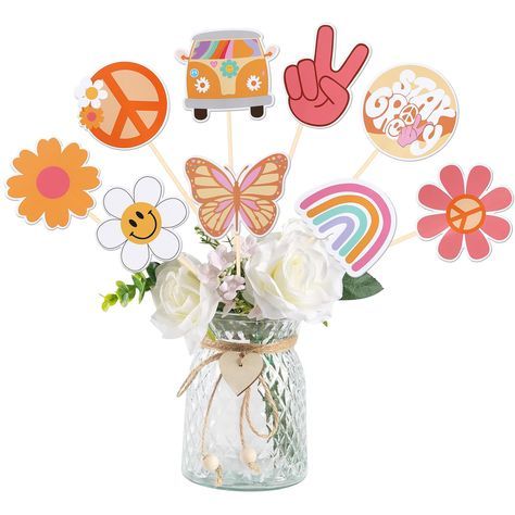 PRICES MAY VARY. Wide Usages ! These table centerpiece sticks are perfect for hippie theme party, two groovy carnival theme party,60s retro boho theme party,baby shower theme party,girls 2nd birthday party centerpieces floral decorations,they can make the table or flower more attractive and bring the fun to your party. Upgrade Quality ! Made of 300 gram card stock and 100% food grade bamboo stick,not easy to deform and fade,smooth edges without burrs.they will be easily enhance the party vibes a Hippie Theme Party, Table Flower Centerpieces, Boho Theme Party, Boho Peace Sign, Carnival Theme Birthday Party, Hippie Baby Shower, Hand Butterfly, Hippie Birthday Party, Retro Baby Showers