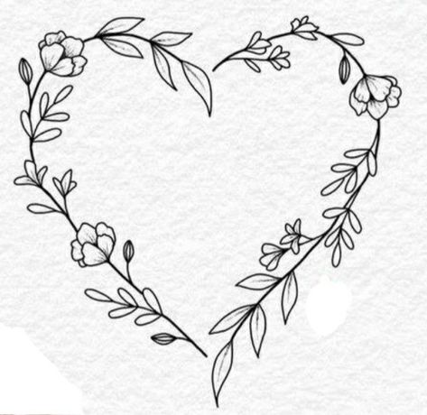 Heart Flower Tattoo Design, Flower Hearts Tattoo, Heart Leaves Tattoo, Poppy Heart Tattoo, Daffodil Heart Tattoo, Heart And Flower Tattoo Designs, Flower Heart Tattoo Designs, Heart Wreath Tattoo, Floral Heart Drawing