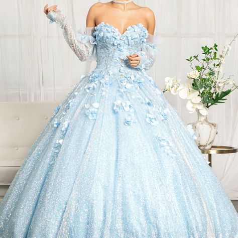 Sweetheart Neckline 3d Floral Applique Sequin Quinceanera Dress Color Baby Blue Dream Big And Get Away With This Beautiful Quinceanera Ball Gown! This Dress Features Sweetheart Neckline, Back Corset, And Detachable Mesh Long Sleeves. Delicate 3-D Flower Appliques And Sequin Embellishments Fall Gracefully Over The Body. Fabric: Sequin Length: Floor Length Neckline: Sweetheart Sleeve: Cut-Away Shoulder Back: Corset Embellishment: Applique, Beads, Embroidery Silhouette: Ball Gown Light Blue Quince Dress With Sleeves, Quinceanera Dresses Baby Blue, Baby Blue Quince Dresses, Baby Blue Wedding Dress, Baby Blue Quinceanera Dresses, Corset Embellishment, Baby Blue Wedding Dresses, Blue Quince Dress, Quinceanera Blue