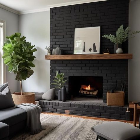 Black Fireplace Small Living Room, Black Brick Fireplace Wall, Dark Grey Fireplace Brick, Black Corner Fireplace, Grey Brick Fireplace, Dark Brick Fireplace, Black Brick Fireplace, Brick Fireplace Wall, Stone Fireplace Makeover