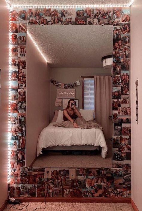 Mirrors With Pictures Around It, Bedroom Door Decoration Ideas, Photo Walls Bedroom, Western Bedroom Decor, Dream Bedrooms, Western Rooms, Easy Room Decor, Luxury Room Bedroom, Room Redesign