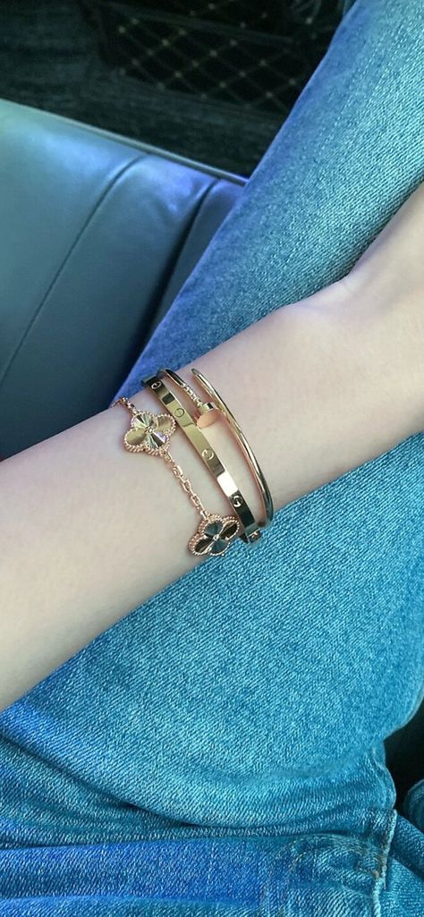 Rose Gold Cartier Love Bracelet Stack, Vca Cartier Stack, Love Bangle Cartier, Stack Gold Bracelets, Yellow Gold Bracelet Stack, Alhambra Bracelet Stack, Cartier Bracelet Stack Ideas, Cartier Love Stack, Vca Stack