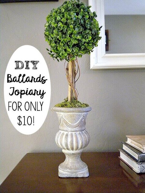 I love boxwood topiaries, and have searched high and low for just the right pair, but a set within my price range, which is not so easy to find. This is how I turned a garage sale find into a Ballards Topiary Knockoff for only $10! Faux Fireplace Mantels, Topiary Diy, Boxwood Balls, Garage Sale Finds, Modern Farmhouse Home Decor, Boxwood Topiary, Topiary Trees, Faux Fireplace, Farmhouse Ideas