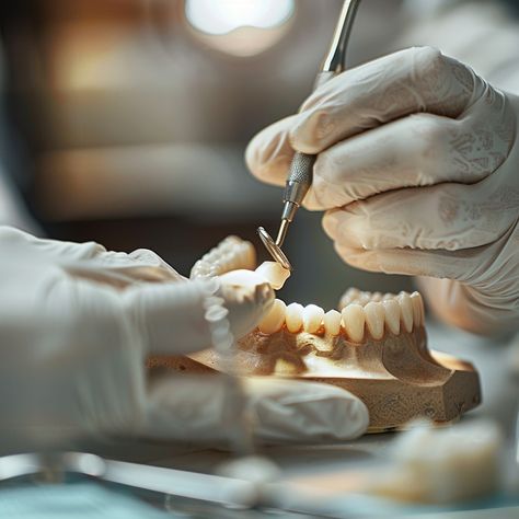 Dental Model Work: A detailed view of a dental professional working attentively on a teeth model with tools. #dental #teeth #model #professionalism #gloves #instruments #dental tool #precision #aiart #aiphoto #stockcake https://ayr.app/l/k7AD Dental Photoshoot, Teeth Photo, Dentist Photography, Dental Clinic Photography, Dental Product Photography, Dentist Professional Photo, Prosthodontics Dentistry, Dentist Tools, Dentist Ideas