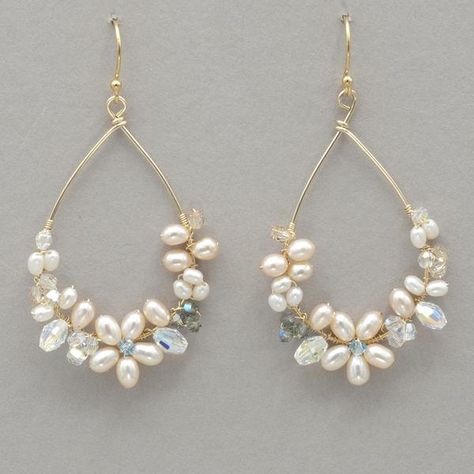 Fashioned onto a delicate teardrop wire, the Leilani Earrings are a vision of paradise captured for you to enjoy always. Swarovski crystals glisten among a soft cluster of iridescent freshwater seed pearls and sway as gently as they would in an island breeze. Freshwater pearls, Swarovski crystal, and gold-filled wire o قلادات متدلية, Earrings Ideas, Super Duo, Hair Combs, Beaded Hoop Earrings, Weaving Patterns, Diy Schmuck, Wire Earrings, Precious Jewelry