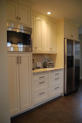 Kitchen pantry cabinet, refridgerator, coffee area and microwave traditional kitchen Microwave Placement, Built In Microwave Cabinet, Microwave Cabinet, Coffee Area, Built In Pantry, Microwave In Kitchen, Kitchen Pantry Design, Kitchen Pantry Cabinets, Kitchen Upgrades