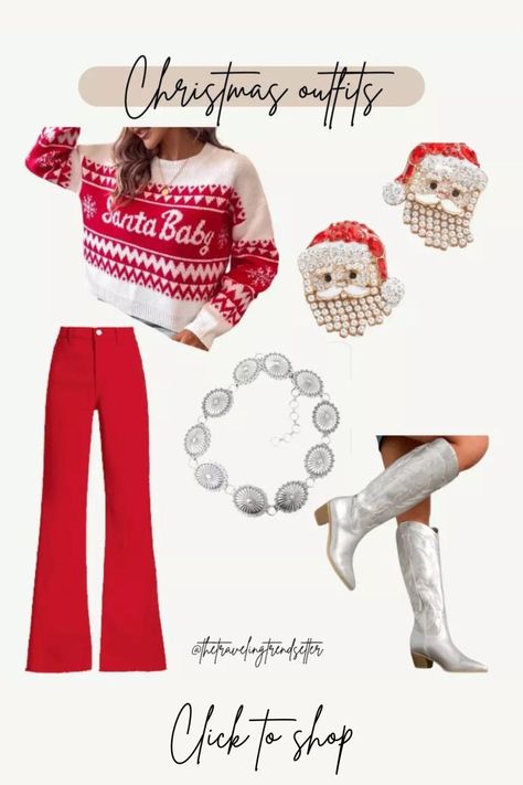 Christmas Outfit Inspiration Christmas Outfits With Cowboy Boots, Christmas Outfit With Red Pants, Western Theme Christmas Party Outfit, Santa Themed Party Outfit, Santa Pub Crawl Outfits, Santa Inspired Outfit, Christmas Play Outfit Women, Christmas Pub Crawl Outfit, Santa Bar Crawl Outfit