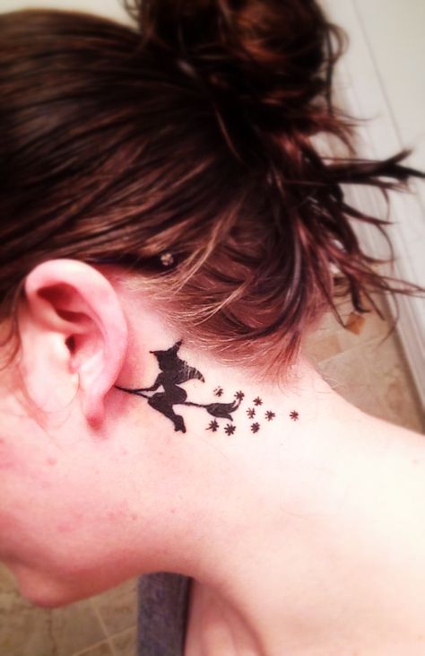 Witch Tattoo ,personaly I'd never do a neck tattoo but I love bewitched I could find another place Bewitched Tattoo Ideas, Small Witchy Tattoos Simple, Bewitched Tattoo, Witch Tattoos, Bat Tattoos, Witchcraft Tattoos, Wicked Tattoos, Witch Tattoo, Silhouette Tattoos