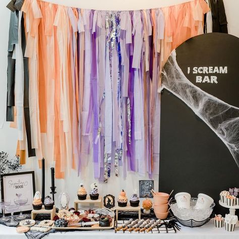 Halloween Ice Cream Bar, Baby Shower In October, Scream Party, Pillar Decor, Witch Birthday, Fringe Banner, Spooky Summer, Halloween Ice Cream, Witch Party