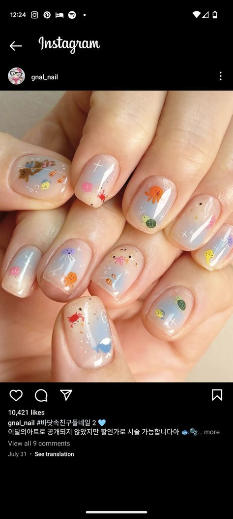 Nails With Sea Design, Sea Creature Nail Art, Fish Themed Nails, Sealife Nails, Sea Nail Art The Beach, Sea Life Nails, Sea Animal Nails, Sea Theme Nails, Nail Designs Ocean