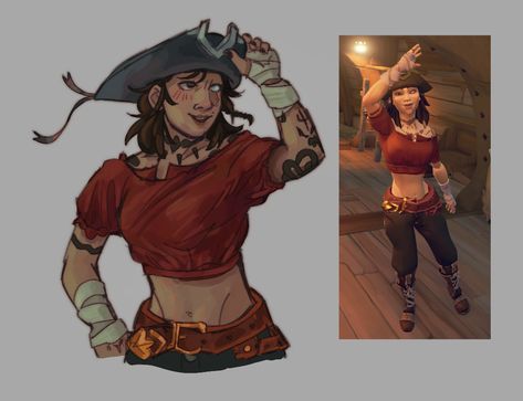 my sea of thieves character (fanart) Sea Of Thieves Fan Art, Sea Of Thieves Outfit Ideas, Sea Of Thieves Characters, Sea Of Thieves Art, Sea Of Thieves Outfit, Thief Clothing, Pirate Aesthetics, Pirate Clothing, Pirate Oc