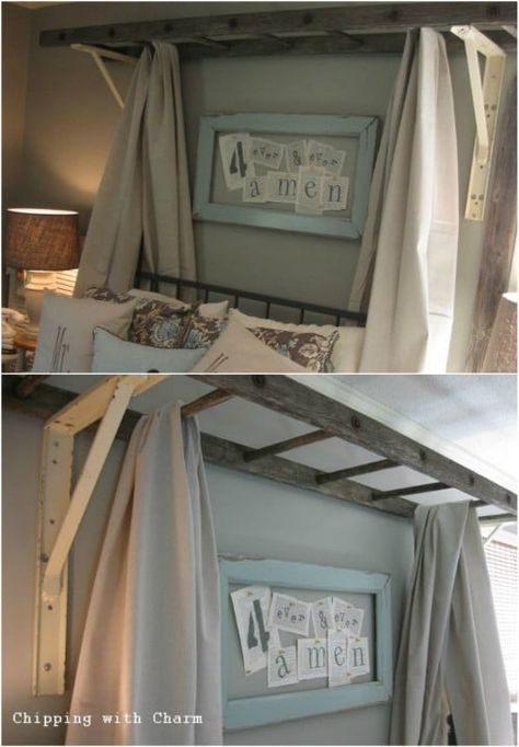 40 Wooden Ladder Repurposing Ideas That Add Farmhouse Charm To Your Home - DIY & Crafts Wooden Ladder Ideas, Old Ladder Decor, Diy Bed Tent, Wooden Ladder Decor, Old Wood Ladder, Canopy Bed Diy, Wood Ladder, Western Furniture, Wooden Ladder