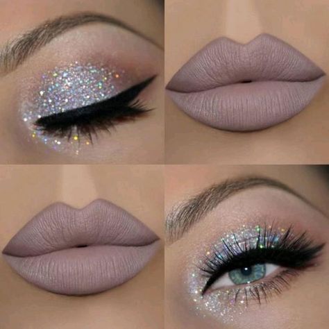 Makeup Ideas Silver Glitter, Summer Wedding Blue, Silver Eyeshadow Looks, Silver Glitter Makeup, Wedding Blue And White, Cheer Makeup, Grey Eye Makeup, Silver Eye Makeup, Wedding Makeup Bride