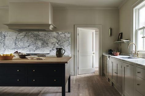 Steal This Look: A Painterly Farmhouse Kitchen in Upstate New York - Remodelista British Standard Kitchen, Rustic Kitchen Island Ideas, Plain English Kitchen, Room Divider Headboard, Colin King, Clapboard Siding, Rustic Kitchen Island, Small Dining Area, American Farmhouse