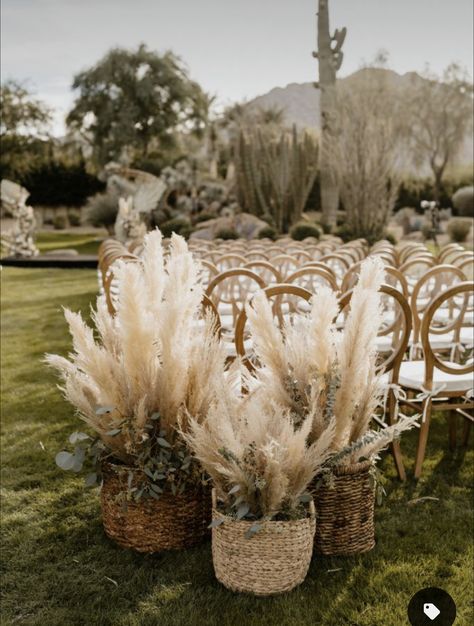 Hay Bale Seating Wedding Receptions, Pompis Grass Wedding Decor, Boho Green Centerpieces, Pampas Grass Mantle Decor, Boho Wedding Send Off Ideas, Floor Florals Wedding Ceremony, Simple Wedding Ceremony Flowers, Boho Style Wedding Decoration, Pampas Grass Aisle Decor