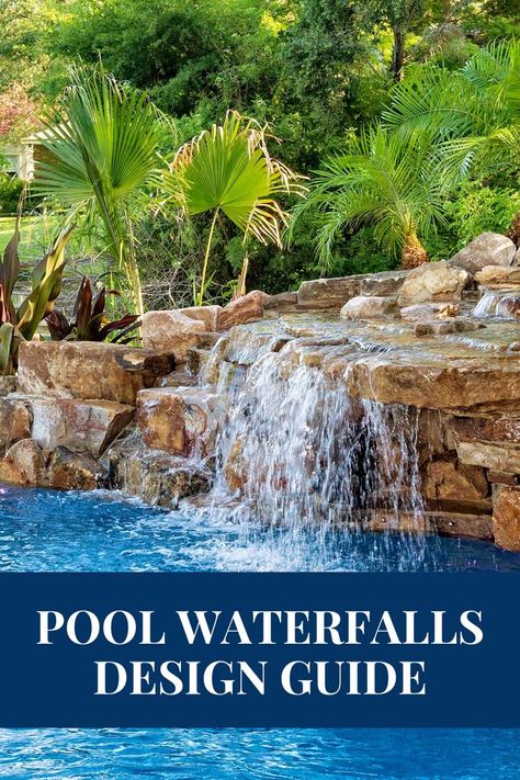 Thinking about adding a waterfall to your swimming pool design? Check out these pool waterfall ideas. Pool Waterfall Landscaping, Pool Waterfall Ideas, Waterfall Designs, Spa Waterfall, Pool Waterfalls, Waterfall Landscaping, Swimming Pool Fountains, Swimming Pool Waterfall, Waterfall Ideas