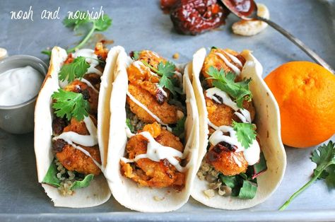 Crispy Honey Chipotle Shrimp Tacos | Nosh and Nourish Honey Chipotle Shrimp, Chipotle Shrimp Tacos, Honey Chipotle Sauce, Healthy Chicken Fingers, Chicken Finger Recipes, Chipotle Shrimp, Low Calorie Chicken, Shrimp Taco Recipes, Honey Chipotle