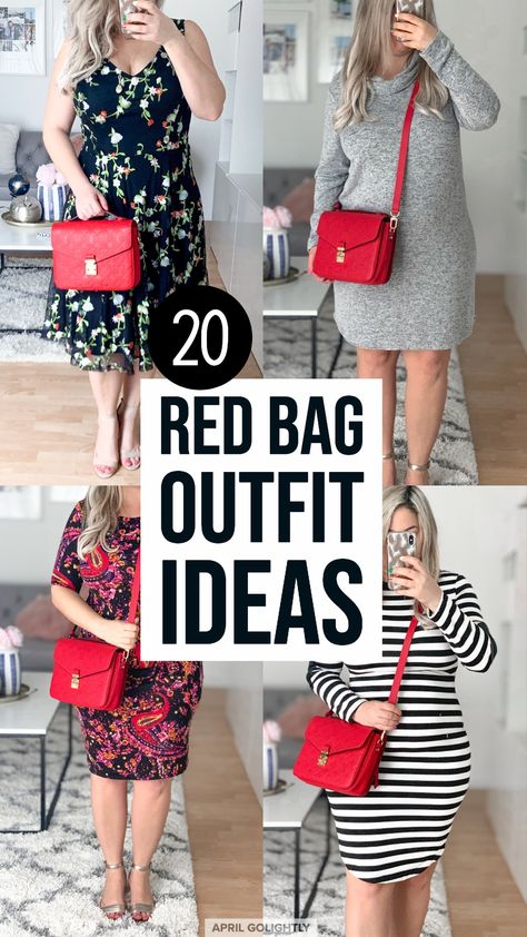 20 Red Bag Outfit Ideas - April Golightly Red Purse Outfit Winter, Outfits With Red Handbags, Red Cross Body Bag Outfit, Styling A Red Bag, Red Hand Bag Outfits, Red Purse Outfit Casual, Red Bags Outfit, Red Purse Outfit Summer, Red Bag Outfit Summer