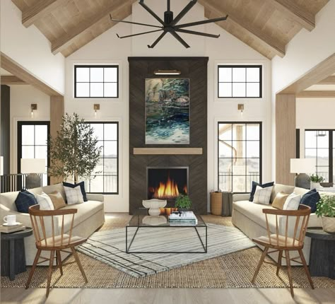 Great Room With Windows And Fireplace, Great Room Addition With Fireplace, Vaulted Ceiling Family Room, Vaulted Living Room With Fireplace, Vaulted Ceiling Living Room Fireplace, Cathedral Ceiling Living Room, Modern Farmhouse Fireplace, Mountain Home Interiors, Ranch Living