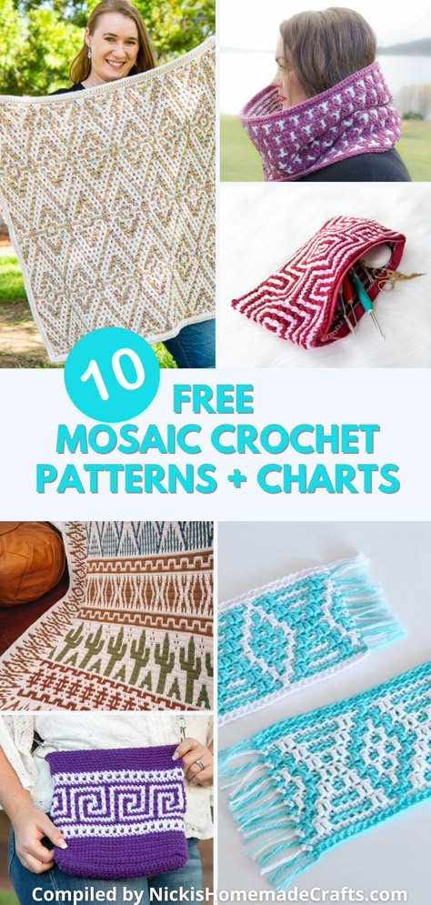 Mosaic crochet is a versatile technique that can be applied to various projects, such as blankets, scarves, or even garments. It's a great way to explore color and texture in your projects while still using familiar and straightforward stitches. Just follow a simple color chart and you can create an impressive design that you can be proud of. Get the mosaic crochet patterns free, with charts, from Nicki's Homemade Crafts. #mosaiccrochetchart #freecrochetpattern Mosaic Squares Crochet, Spanish Crochet Patterns, Small Mosaic Crochet Projects, How To Do Mosaic Crochet, Free Crochet Mosaic Patterns, Crochet Mosaic Blanket Free Pattern, Beginner Mosaic Crochet Patterns Free, Overlay Mosaic Crochet Patterns Free, Crochet Mosaic Pattern Free