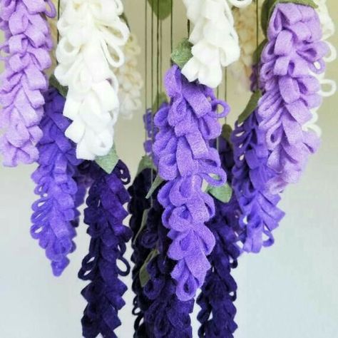 Felt Wisteria, Wisteria Chandelier, Felt Flower Mobile, Mexican Paper Flowers, Wisteria Flower, Mobile Chandelier, Purple Wisteria, Green Tablecloth, Flower Mobile